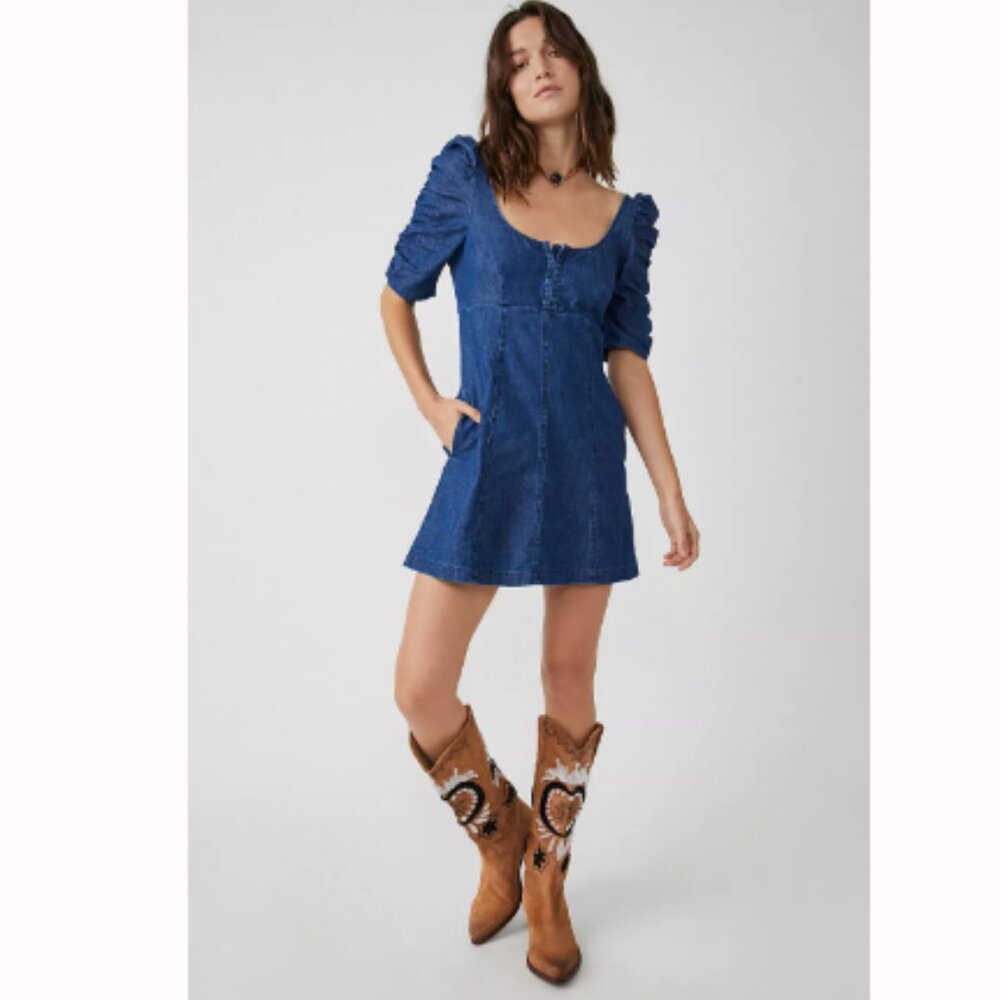 Free People Cheyenne Denim Mini Dress, Blue | Medium